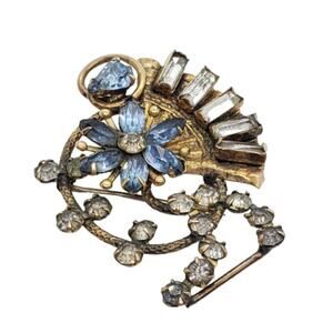 Vintage Brooch Blue & Clear Rhinestone12K Gold Filled Pendant 1940s Art Deco